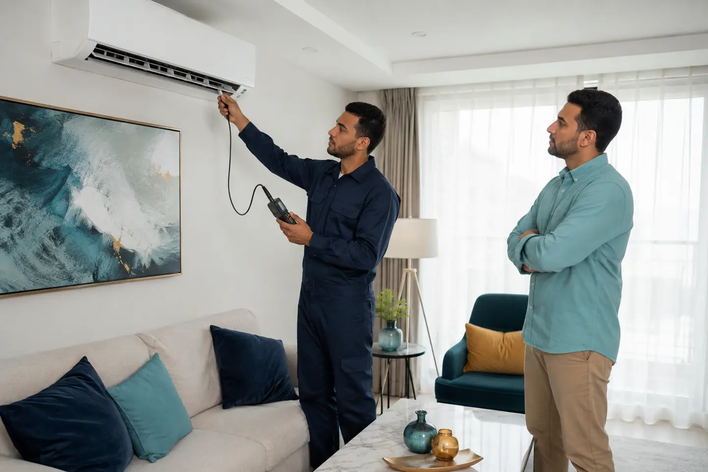 اختبار حرارة الهواء بعد صيانة مكيف في الإسكندرية